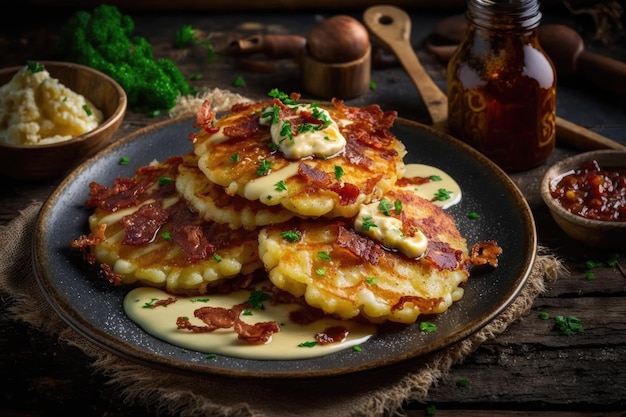 Portions de délicieuses crêpes de pommes de terre frites avec sauce et bacon