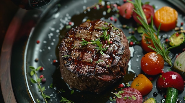 Photo portions juteuses et épaisses de steak de filet grillé servi avec des tomates et des légumes rôtis sur