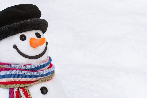 Portnet d'un bonhomme de neige souriant avec une écharpe rayée et un chapeau noir. Espace copie blanche pour tex