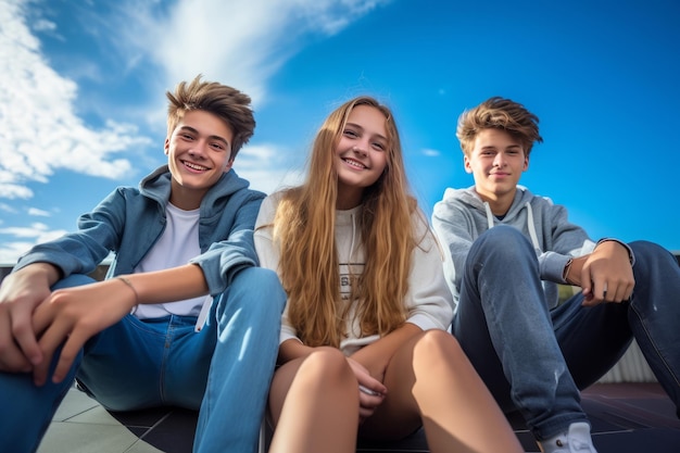 Portrait de 3 adolescents souriants portant des jeans et des baskets assis sur le mur