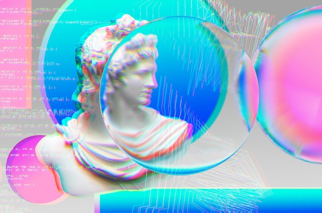 Portrait 3d d'un Apollon avec effet glitch style Cyberpunk