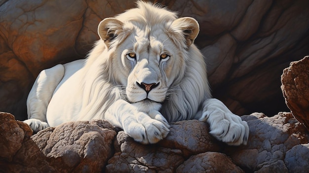 Portrait 3D génératif d'un lion blanc sur un rocher en plein air