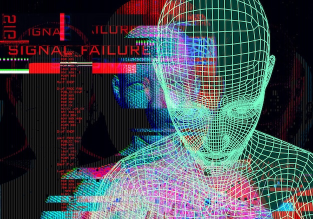 Portrait 3d d'un homme avec effet glitch Style Cyberpunk Image conceptuelle de l'intelligence artificielleRéalité virtuelle Systèmes d'apprentissage en profondeur et de reconnaissance faciale