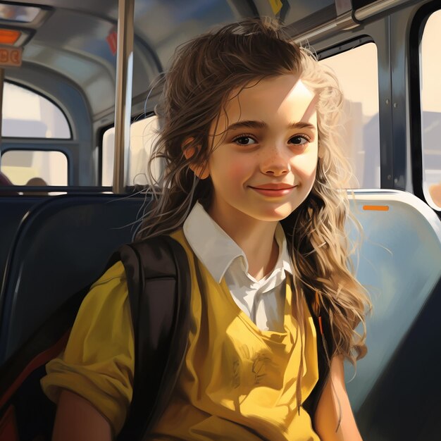 Portrait 3D d'une jeune fille dans un bus scolaire