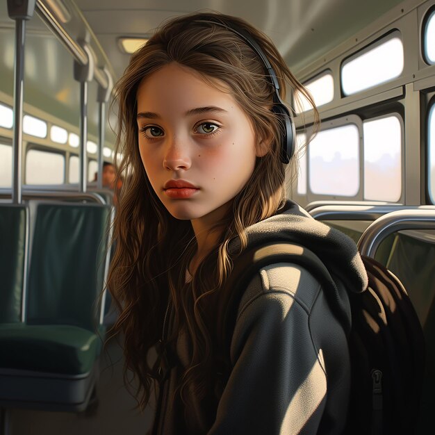 Portrait 3D d'une jeune fille dans un bus scolaire