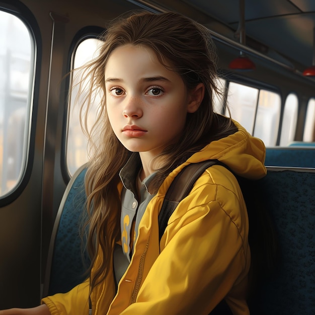 Portrait 3D d'une jeune fille dans un bus scolaire