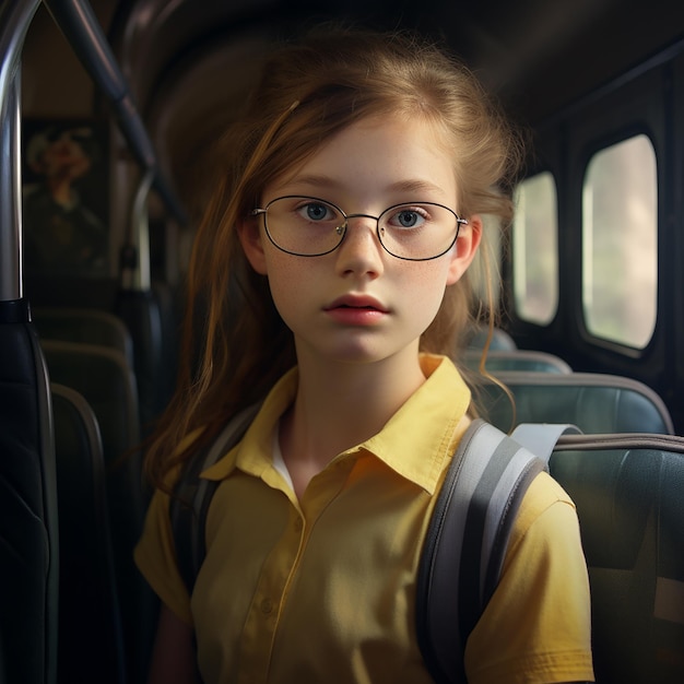 Portrait 3D d'une jeune fille dans un bus scolaire