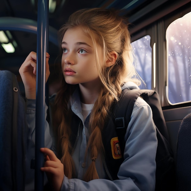 Portrait 3D d'une jeune fille dans un bus scolaire