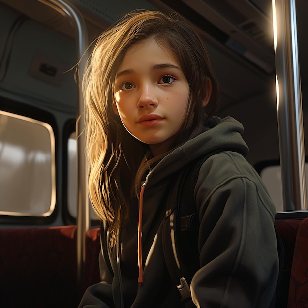 Photo portrait 3d d'une jeune fille dans un bus scolaire