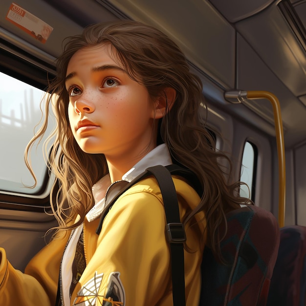 Photo portrait 3d d'une jeune fille dans un bus scolaire