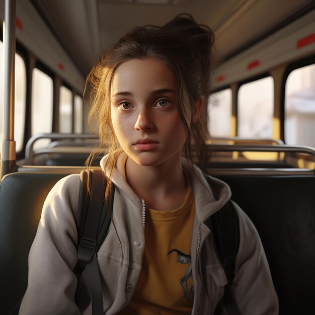 Photo portrait 3d d'une jeune fille dans un bus scolaire