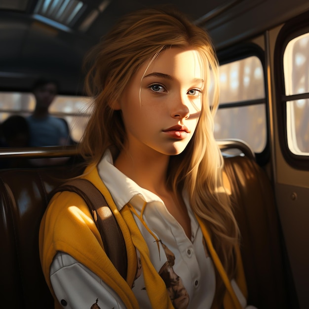 Portrait 3D d'une jeune fille dans un bus scolaire