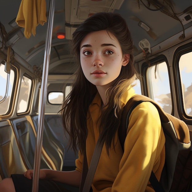 Portrait 3D d'une jeune fille dans un bus scolaire