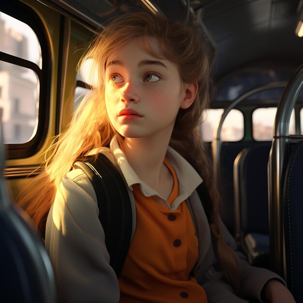 Photo portrait 3d d'une jeune fille dans un bus scolaire