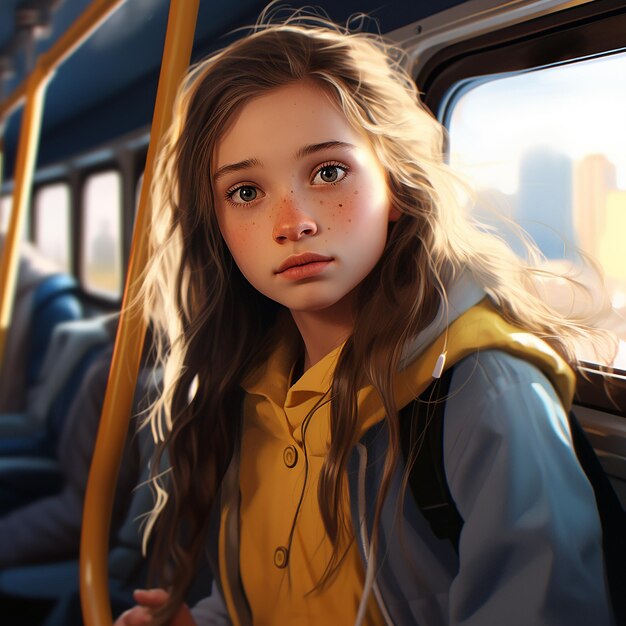 Portrait 3D d'une jeune fille dans un bus scolaire