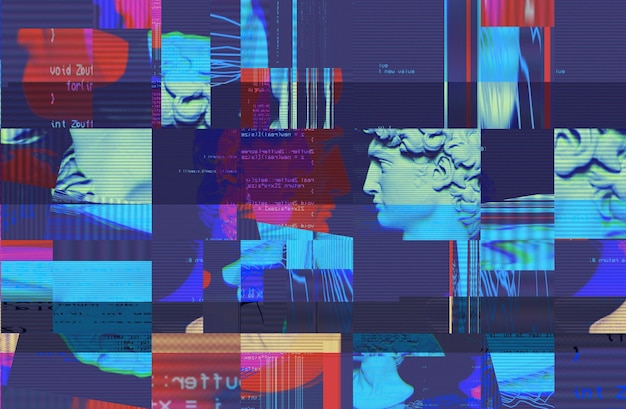 Portrait 3D d'une sculpture antique avec un effet glitch Style Cyberpunk Maladie conceptuelle de l'intelligence artificielle Réalité virtuelle Apprentissage en profondeur et systèmes de suspicion