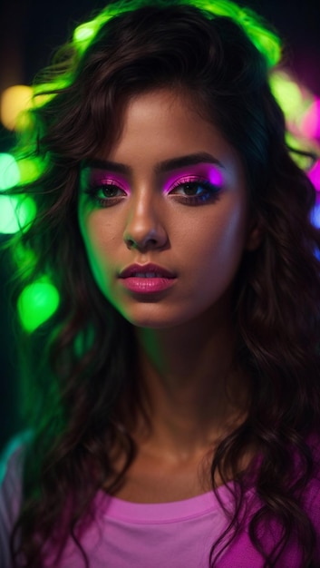 Photo portrait 4k femme hispana au néon maquillage vert et fucsia