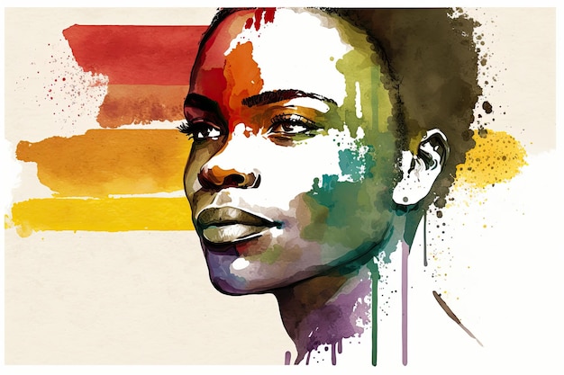 Portrait abstrait à l'aquarelle d'une lesbienne africaine joyeuse avec un drapeau arc-en-ciel rendu dans un style minimaliste AI générative