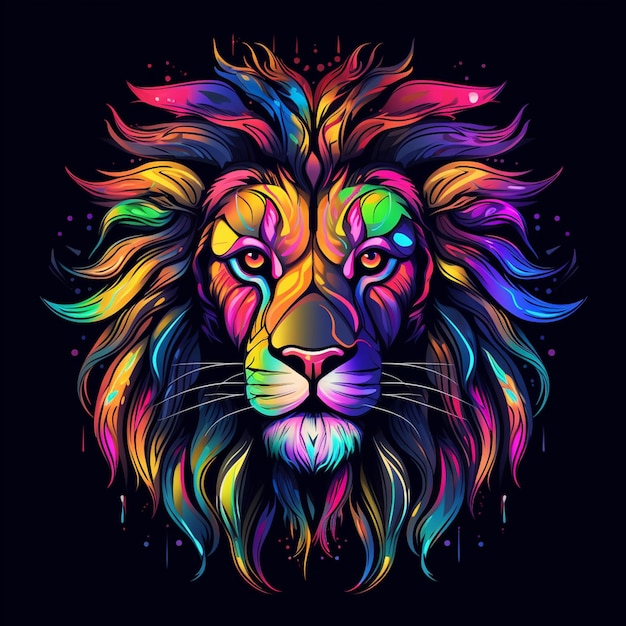 Portrait abstrait au néon multicolore d'une tête de lion sur un fond noir IA générative