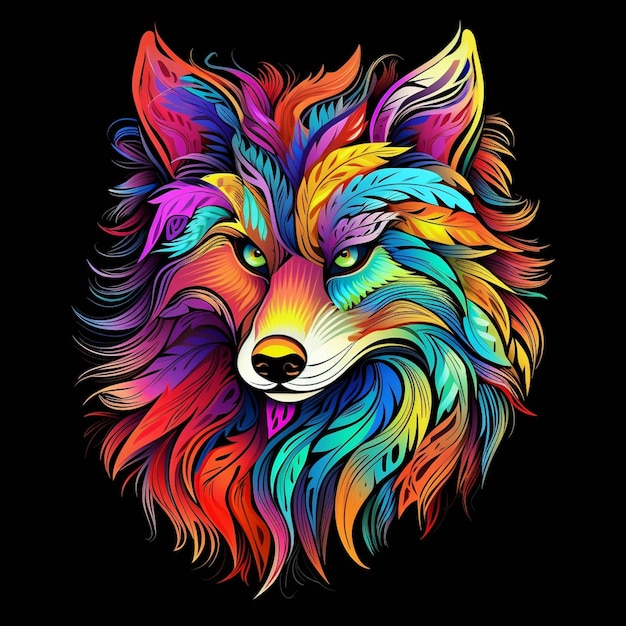 Portrait abstrait au néon multicolore d'une tête de loup sur un fond sombre AI générative