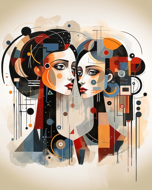 Portrait abstrait de deux jeunes filles avec collage d'éléments en noir et blanc et en couleur dans le style du cubisme suprématiste moderne généré avec l'IA