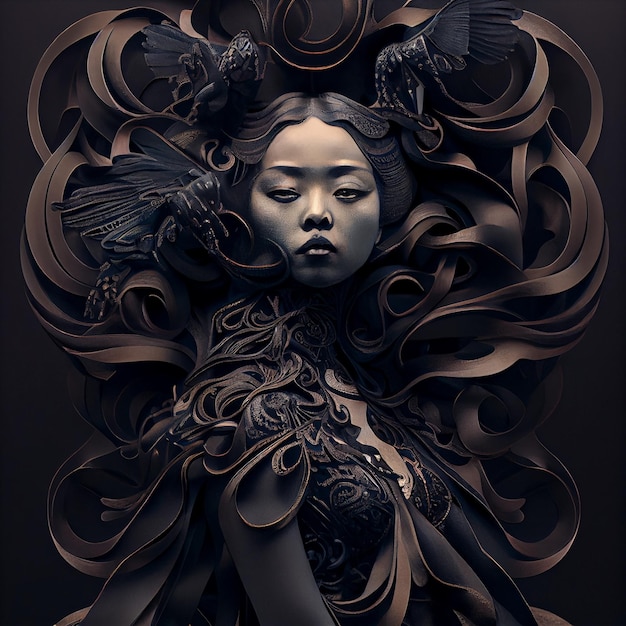 Portrait abstrait de femme avec des ornements sombres rendu 3d