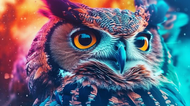 Photo portrait abstrait d'un hibou avec de la peinture colorée ai générative