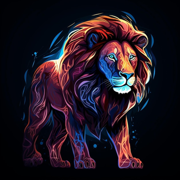 Portrait abstrait en néon multicolore d'un LION sur un fond sombre AI générative