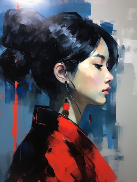 Portrait acrylique abstrait d'une fille asiatique regardant à droite généré par l'IA