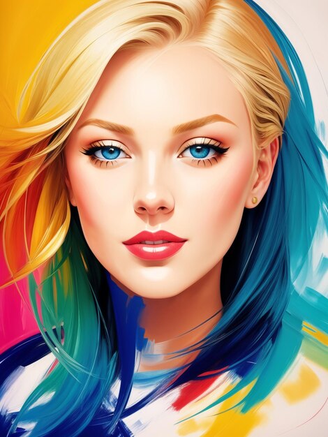 Portrait acrylique d'une femme blonde aux yeux bleusPop ArtDessin d'art de mode de créateur créatif numériqueIllustration AI