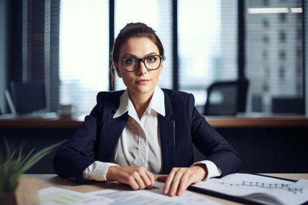 Portrait d'une actuaire équilibrée assise à son bureau avec un stylo à la main et une expression sereine