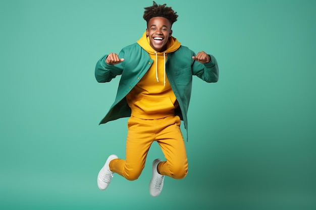 Portrait d'un adolescent afro-américain sautant sur fond vert de couleur