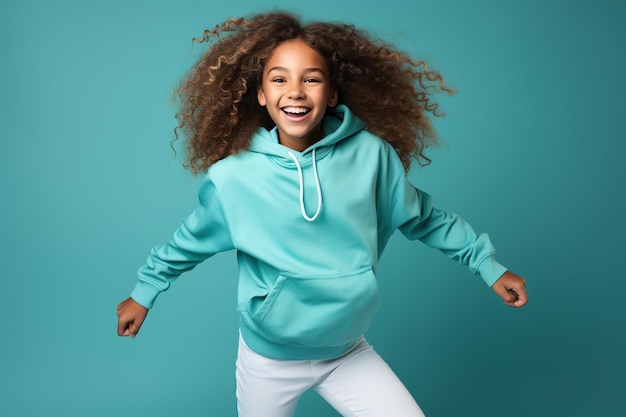 Portrait d'une adolescente afro-américaine sautante sur fond de couleur