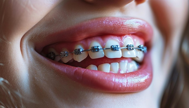 Portrait d'une adolescente heureuse et souriante avec des appareils dentaires Portrait de dents avec des appareils dentistes
