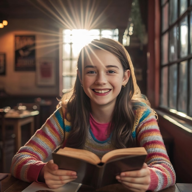 Portrait d'une adolescente joyeuse assise dans un café