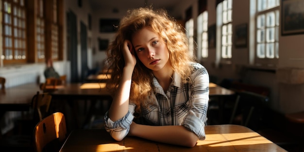 Portrait d'une adolescente rousse triste et inquiète assise dans une salle de classe du lycée