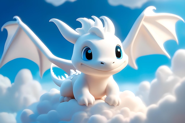 Portrait d'un adorable bébé dragon blanc se reposant dans un nuage moelleux dans un style d'animation 3d