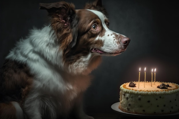 Portrait d'un adorable chien domestique célébrant un anniversaire devant un délicieux gâteau avec une bougie Concept de meilleur ami