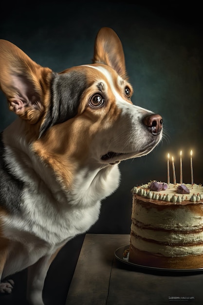 Portrait d'un adorable chien domestique célébrant un anniversaire devant un délicieux gâteau avec une bougie Concept de meilleur ami