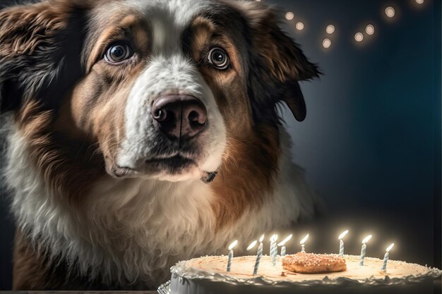 Portrait d'un adorable chien domestique célébrant un anniversaire devant un délicieux gâteau avec une bougie Concept de meilleur ami