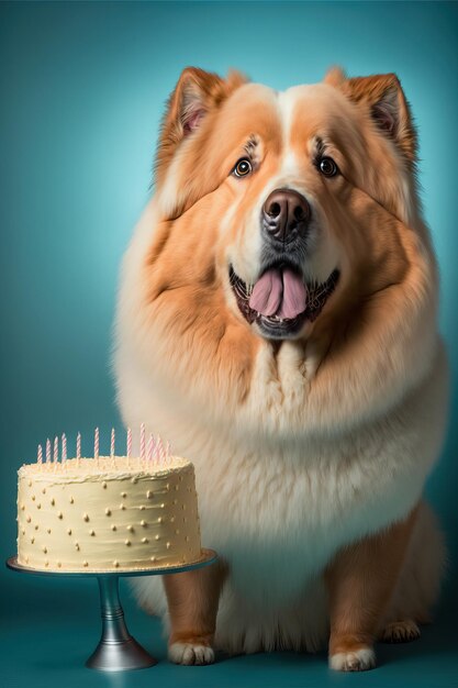 Portrait d'un adorable chien domestique célébrant un anniversaire devant un délicieux gâteau avec une bougie Concept de meilleur ami