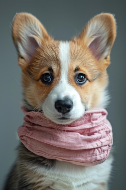 Portrait d'un adorable chiot Corgi portant une écharpe rose