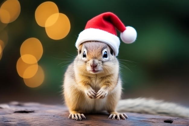 Portrait d'un adorable écureuil de Noël portant un chapeau de Père Noël dans un paysage hivernal