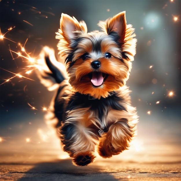 Un portrait d'un adorable fantastique magique beau et moelleux heureux chiot de Yorkshire Terrier