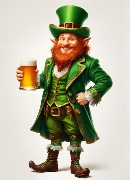 Portrait adorable d'un leprechaun souriant avec un verre de bière répandant la joie le jour de Saint Patrick AI générative