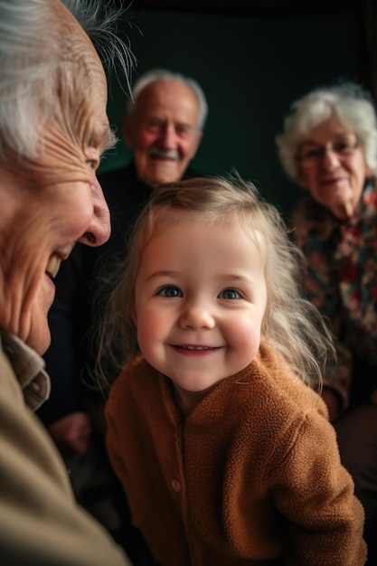 portrait d'une adorable petite fille s'amusant avec ses grands-parents créé avec générative ai