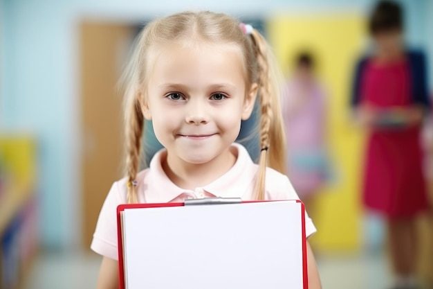Portrait d'une adorable petite fille tenant un bloc-notes à l'école créé avec l'IA générative