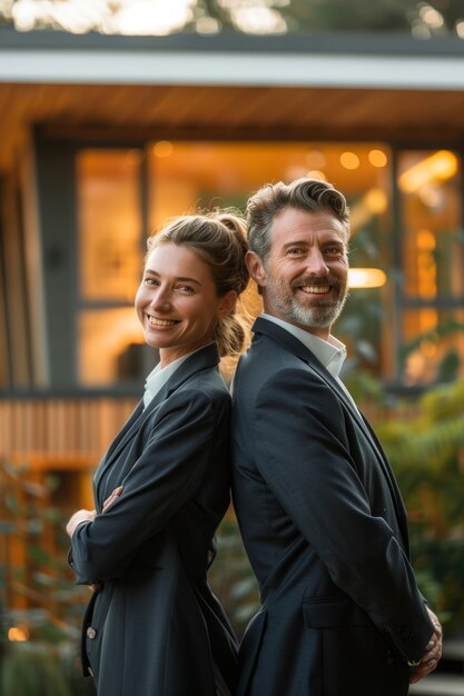 Photo portrait d'affaires de l'homme et de la femme souriants devant une maison écologique