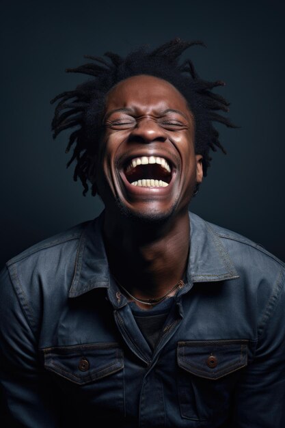 Photo portrait d'un africain joyeux en gros plan sur un fond noir dans le studio