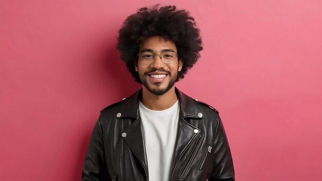 Portrait d'un Afro-Américain heureux dans une veste en cuir